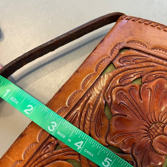 Vintage Tooled Cut Out Leather Handbag Purse Brown Green - Picture 14 of 15